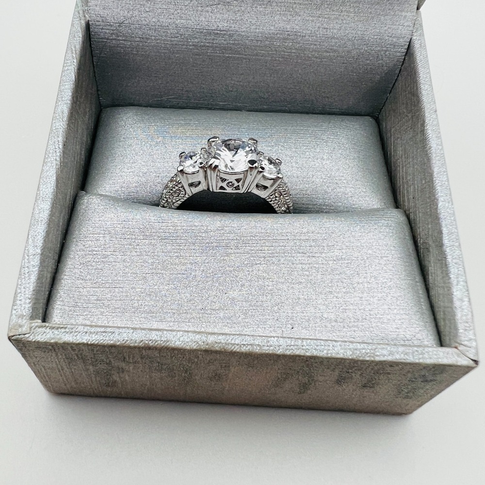 Silver Tone CZ Three Stone Wedding Engagement Ring Classic Elegant Design Size 8
